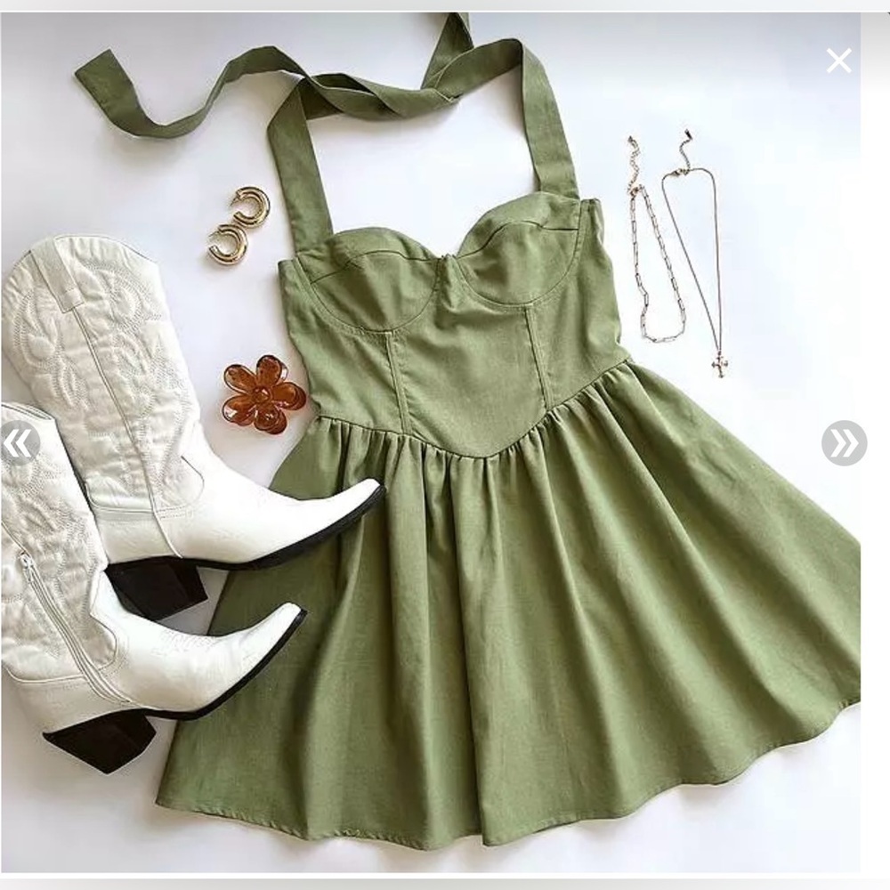 Princess Polly Lyle halter neck corset detail mini skater dress in olive Size 12 - Picture 4 of 11